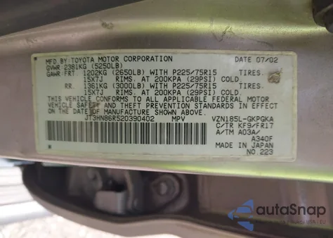 2002 Toyota 4Runner Sr5 V6 z USA, uszkodzony, nr VIN JT3HN86R520390402